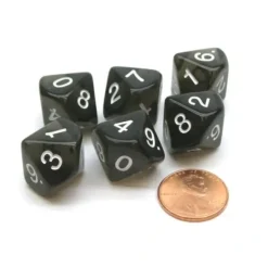 Dice>Pack of 6 D10 Transparent 10-Sided Dice - Smoke (Black) with White Numbers - Your Source for Gaming Essentials