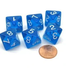 Dice>Pack of 6 D8 Transparent 8-Sided Dice - Blue with White Numbers - Your Source for Gaming Essentials