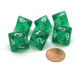 Dice>Pack of 6 D8 Transparent 8-Sided Dice - Green with White Numbers - Your Source for Gaming Essentials