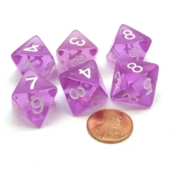 Dice>Pack of 6 D8 Transparent 8-Sided Dice - Purple with White Numbers - Your Source for Gaming Essentials