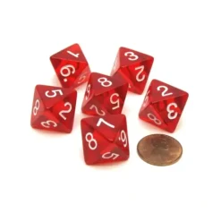 Dice>Pack of 6 D8 Transparent 8-Sided Dice - Red with White Numbers - Your Source for Gaming Essentials