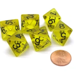 Dice>Pack of 6 D8 Transparent 8-Sided Dice - Yellow with Black Numbers - Your Source for Gaming Essentials