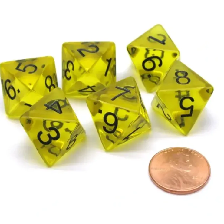 Dice>Pack of 6 D8 Transparent 8-Sided Dice - Yellow with Black Numbers - Your Source for Gaming Essentials