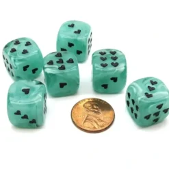 Dice>Pack of 6 Heart Cirrus 16mm D6 Chessex Dice - Green with Black Pips - Your Source for Gaming Essentials