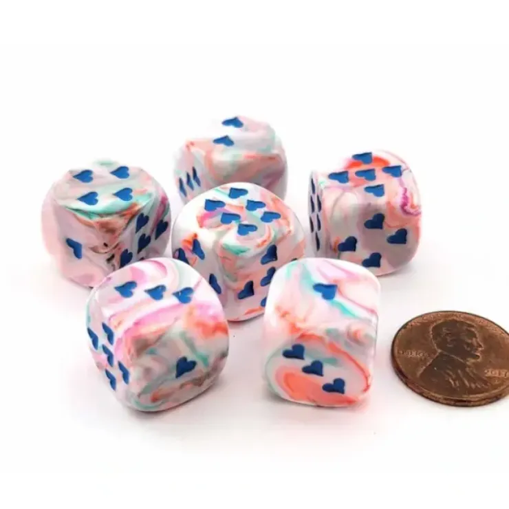 Dice>Pack of 6 Heart Dice, Festive 16mm D6 Dice - Pop Art with Blue Hearts - Your Source for Gaming Essentials