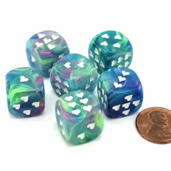 Dice>Pack of 6 Heart Dice, Festive 16mm D6 Dice - Waterlily with White Hearts - Your Source for Gaming Essentials