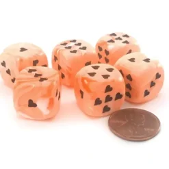 Dice>Pack of 6 Heart 'Ice Cream' 16mm D6 Chessex Dice - Orange with Black Hearts - Your Source for Gaming Essentials