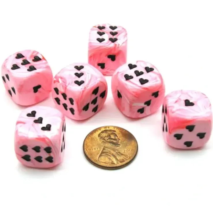 Dice>Pack of 6 Heart 'Ice Cream' 16mm D6 Chessex Dice - Pink with Black Hearts - Your Source for Gaming Essentials