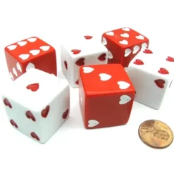 Dice>Pack of 6 Heart Pip D6 25mm Large Jumbo Love Dice - 3 Red and 3 White - Your Source for Gaming Essentials