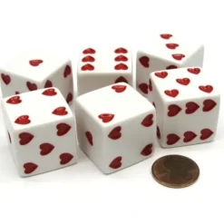 Dice>Pack of 6 Heart Pip D6 25mm Large Jumbo Love Dice - White with Red Hearts - Your Source for Gaming Essentials
