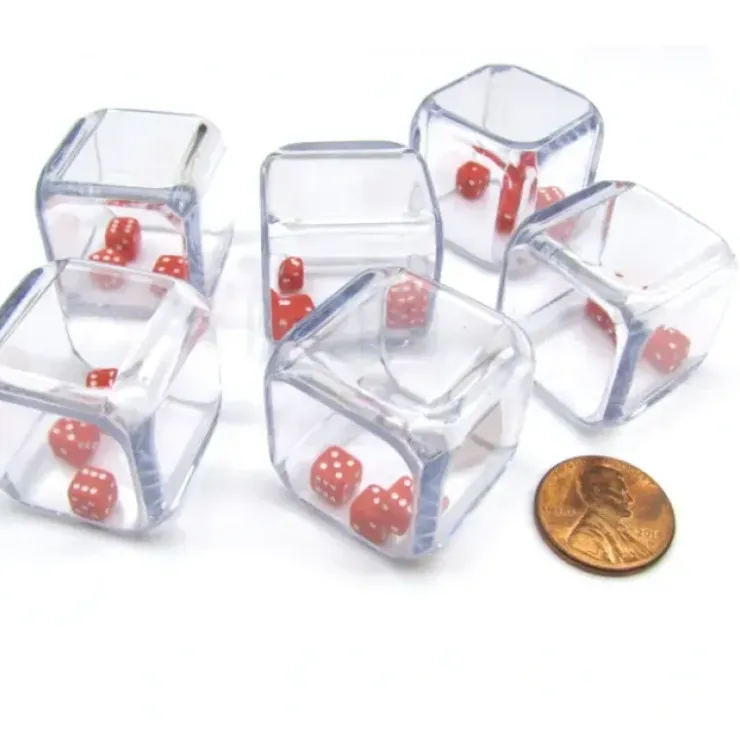 Dice>Pack of 6 '3 In a Cube' Dice - Three 5mm Red Tiny Dice Inside 25mm Clear Cube - Your Source for Gaming Essentials
