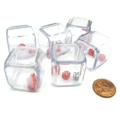 Dice>Pack of 6 '3 In a Cube' Dice - 2 x 5mm Red + 1 x 5mm White Dice Inside 25mm Cube - Your Source for Gaming Essentials