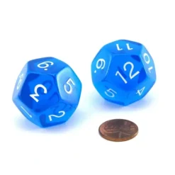 Dice>Pack of 2 Jumbo 29mm D12 Transparent Dice - Blue with White Numbers - Your Source for Gaming Essentials