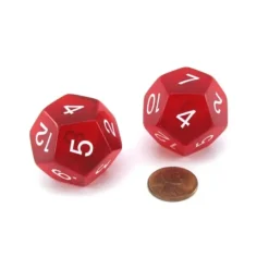 Dice>Pack of 2 Jumbo 29mm D12 Transparent Dice - Red with White Numbers - Your Source for Gaming Essentials