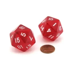 Dice>Pack of 2 Jumbo 29mm D20 Transparent Dice - Red with White Numbers - Your Source for Gaming Essentials
