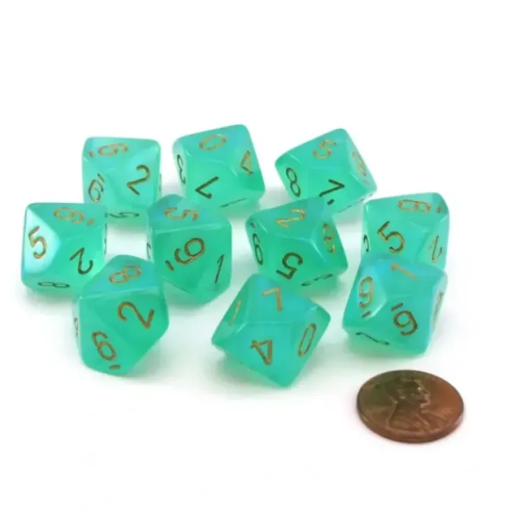 Dice>Pack of 10 Luminary Borealis 16mm D10 Dice - Light Green with Gold Numbers - Your Source for Gaming Essentials