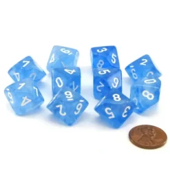 Dice>Pack of 10 Luminary Borealis 16mm D10 Dice - Sky Blue with White Numbers - Your Source for Gaming Essentials