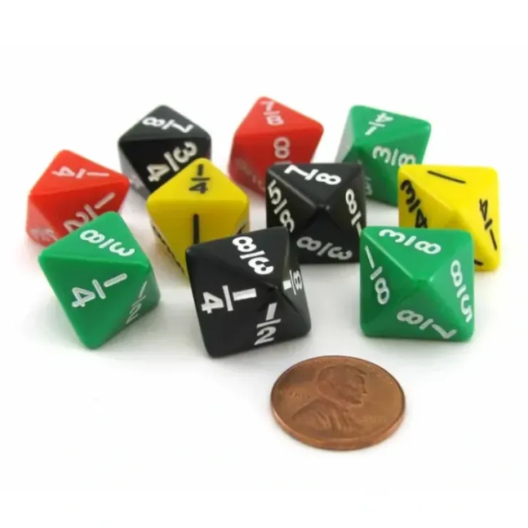 Dice>Pack of 10 Math Dice 8-Sided Fraction - Color Selection Varies - Your Source for Gaming Essentials