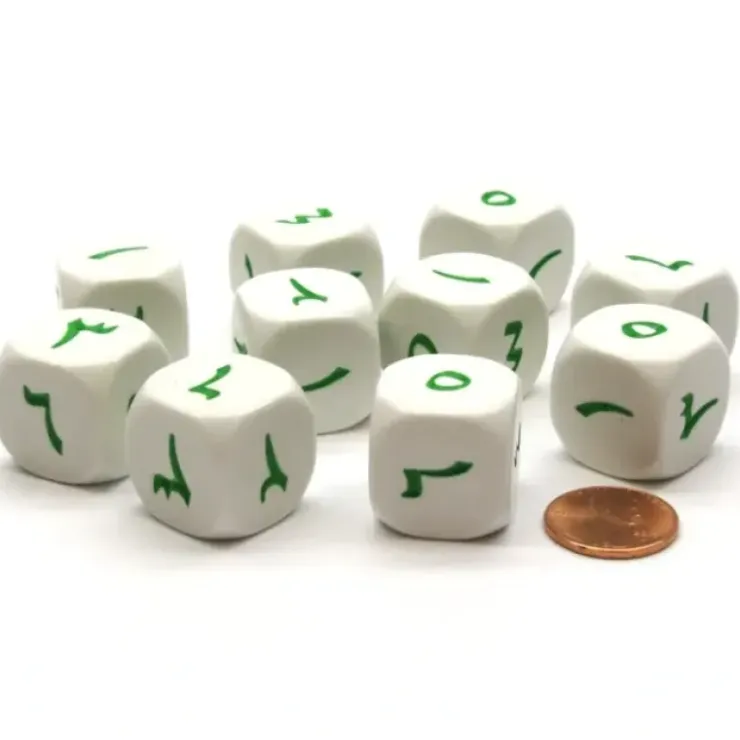 Dice>Pack of 10 20mm D6 Arabic Numbers Numbered 1 to 6 - White with Green Etches - Your Source for Gaming Essentials