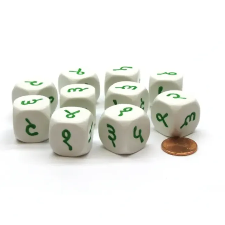 Dice>Pack of 10 20mm D6 Hindi Numbers 1 to 6 - White with Green Etches - Your Source for Gaming Essentials