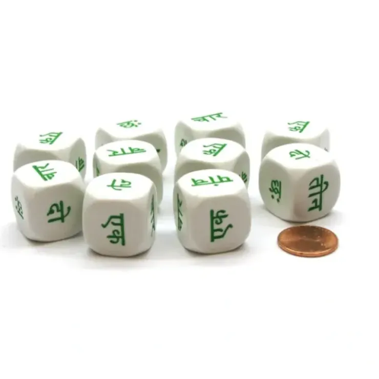 Dice>Pack of 10 20mm D6 Hindi Word Numbers 1 to 6 - White with Green Etches - Your Source for Gaming Essentials