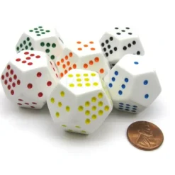 Dice>Pack of 6 28mm D12 Spotted Dice - White with: Black Red Green Blue Yellow Orange - Your Source for Gaming Essentials