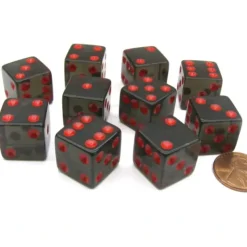 Dice>Pack of 10 16mm D6 Square Edge Transparent Dice - Black with Red Pips - Your Source for Gaming Essentials