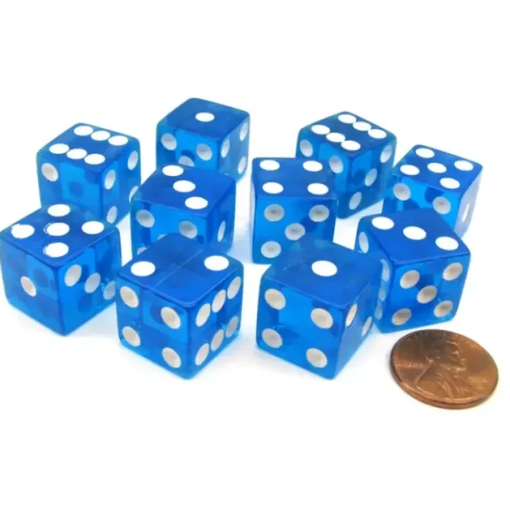 Dice>Pack of 10 16mm D6 Square Edge Transparent Dice - Blue with White Pips - Your Source for Gaming Essentials