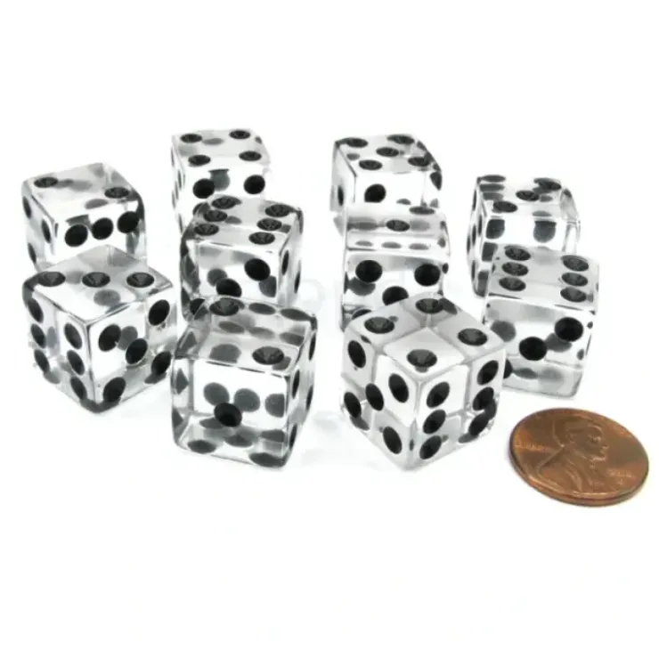 Dice>Pack of 10 16mm D6 Square Edge Transparent Dice - Clear with Black Pips - Your Source for Gaming Essentials