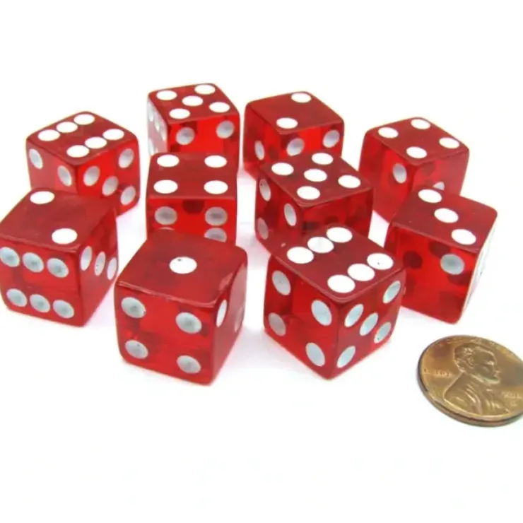 Dice>Pack of 10 16mm D6 Square Edge Transparent Dice - Red with White Pips - Your Source for Gaming Essentials