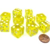 Dice>Pack of 10 16mm D6 Square Edge Transparent Dice - Yellow with White Pips - Your Source for Gaming Essentials