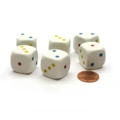 Dice>Pack of 6 20mm 6-Sided D3 Dice Numbered 1-3 Twice - White with Multicolored Pips - Your Source for Gaming Essentials