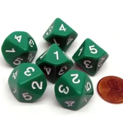 Dice>Pack of 6 16mm 10-Sided D5 Numbered 1 to 5 Twice Dice - Green with White - Your Source for Gaming Essentials
