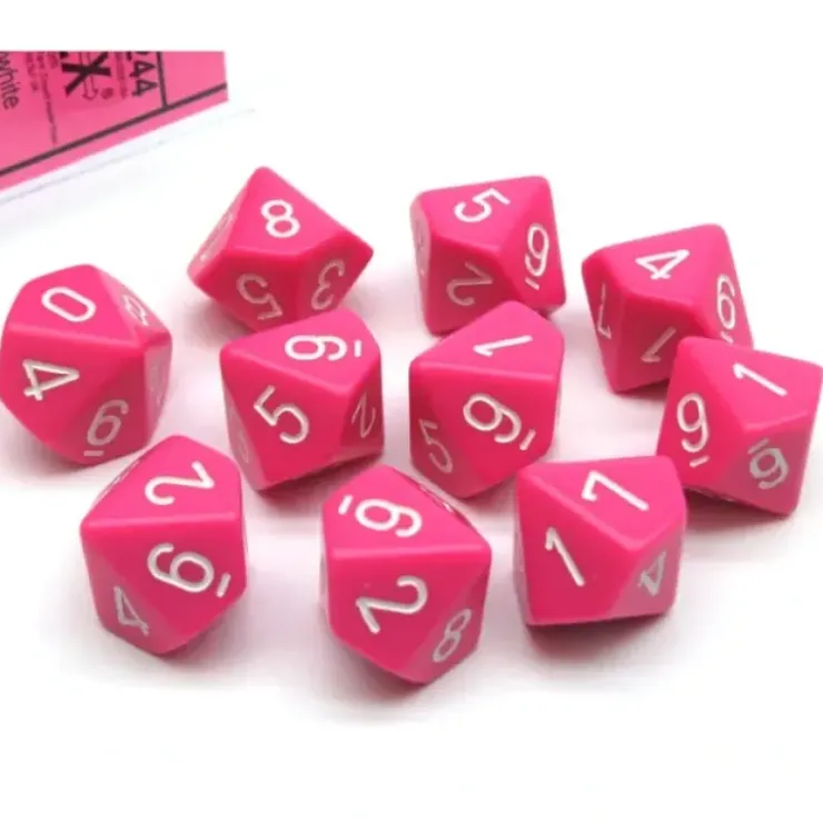 Dice>Pack of 10 Opaque Chessex 10-Sided D10 Dice - Pink with White Numbers - Your Source for Gaming Essentials