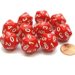Dice>Pack of 10 20-Sided D10 Dice Numbered 0-9 Twice - Red with White Numbers - Your Source for Gaming Essentials