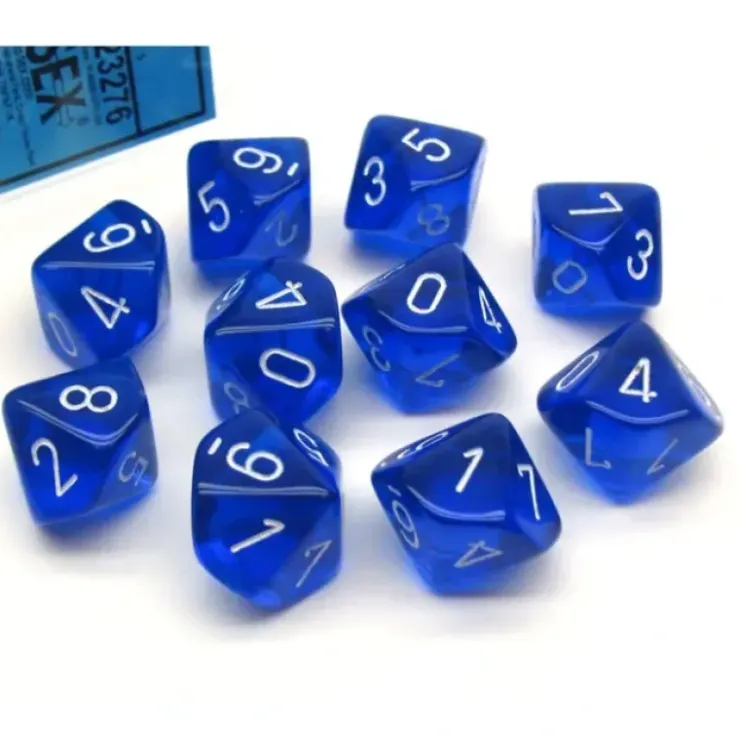 Dice>Pack of 10 Translucent Chessex 10-Sided D10 Dice - Blue with White Numbers - Your Source for Gaming Essentials