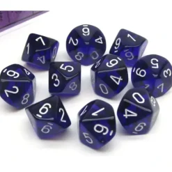 Dice>Pack of 10 Translucent Chessex 10-Sided D10 Dice - Purple with White Numbers - Your Source for Gaming Essentials