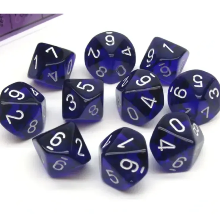 Dice>Pack of 10 Translucent Chessex 10-Sided D10 Dice - Purple with White Numbers - Your Source for Gaming Essentials