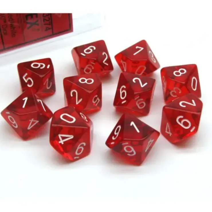 Dice>Pack of 10 Translucent Chessex 10-Sided D10 Dice - Red with White Numbers - Your Source for Gaming Essentials
