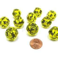 Dice>Pack of 10 Transparent 12 Sided D12 20mm Dice - Yellow - Your Source for Gaming Essentials