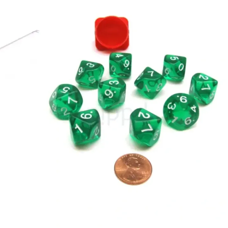 Dice>Pack of 10 Transparent 10 Sided D10 16mm Dice - Green - Your Source for Gaming Essentials