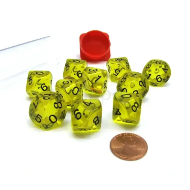 Dice>Pack of 10 Transparent 10 Sided D10 16mm Dice - Yellow - Your Source for Gaming Essentials