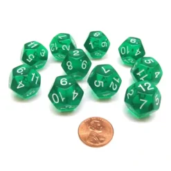 Dice>Pack of 10 Transparent 12 Sided D12 20mm Dice - Green - Your Source for Gaming Essentials