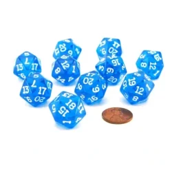 Dice>Pack of 10 Transparent 20 Sided D20 20mm Dice - Blue - Your Source for Gaming Essentials