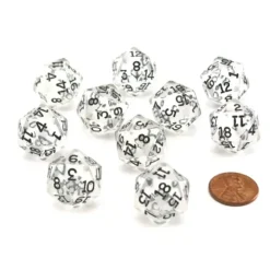 Dice>Pack of 10 Transparent 20 Sided D20 20mm Dice - Clear - Your Source for Gaming Essentials