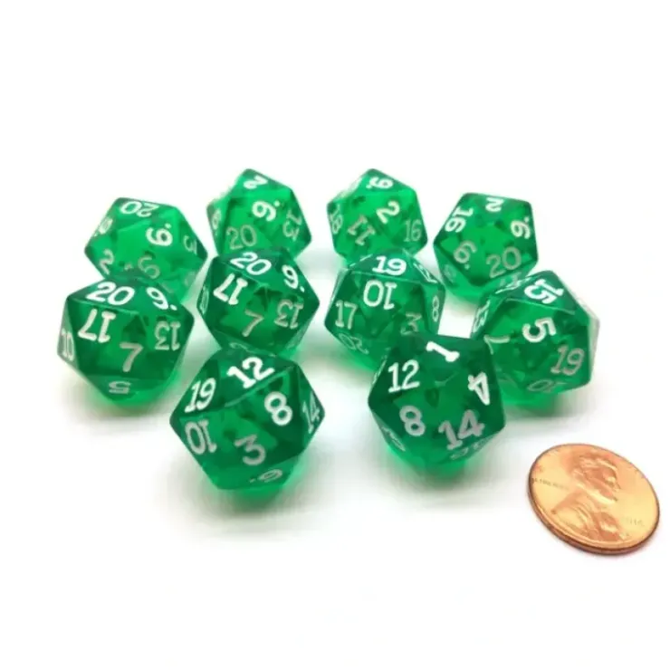 Dice>Pack of 10 Transparent 20 Sided D20 20mm Dice - Green - Your Source for Gaming Essentials