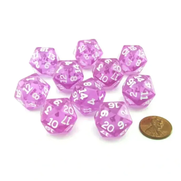 Dice>Pack of 10 Transparent 20 Sided D20 20mm Dice - Orchid - Your Source for Gaming Essentials
