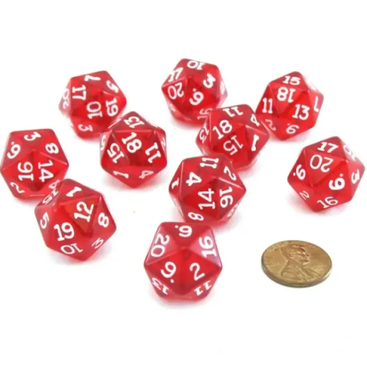 Dice>Pack of 10 Transparent 20 Sided D20 20mm Dice - Red - Your Source for Gaming Essentials