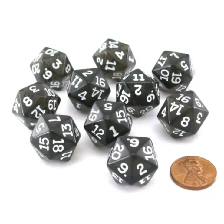 Dice>Pack of 10 Transparent 20 Sided D20 20mm Dice - Smoke - Your Source for Gaming Essentials