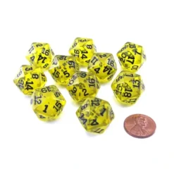 Dice>Pack of 10 Transparent 20 Sided D20 20mm Dice - Yellow - Your Source for Gaming Essentials